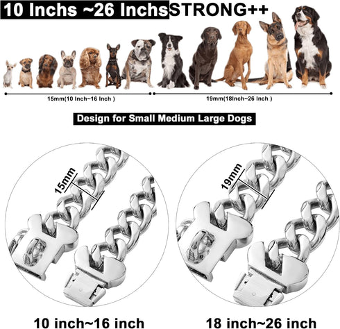 Silver Chain Dog Collar, 19mm Stainless Steel Cuban Link with Secure Snap Buckle for Small Medium Pitbull (19MM, 22")