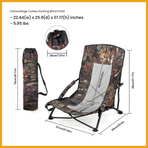 350LBS ARROWHEAD OUTDOOR Low-Profile Turkey Hunting Chair Camo Folding Blind Seat with Mesh Comfort & Carry Strap