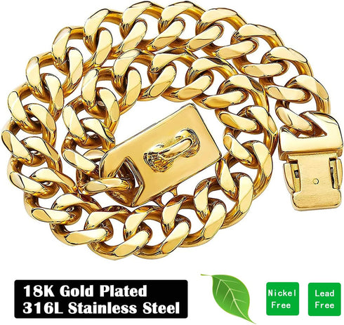 Gold Dog Chain Collar with Secure Buckle & ID Tag, 18K Cuban Link Heavy Duty Chew Proof for Medium Dogs (19MM, 16'')