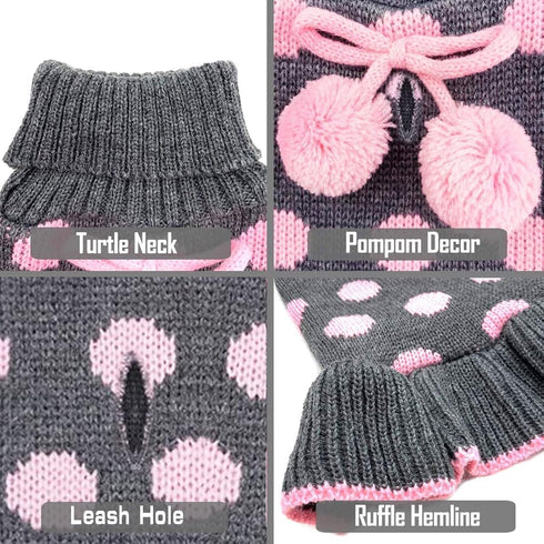 KYEESE Turtleneck Dog Sweater Dress for Small Dogs, Polka Dot Knit Pullover with Leash Hole, Warm Pet Sweater