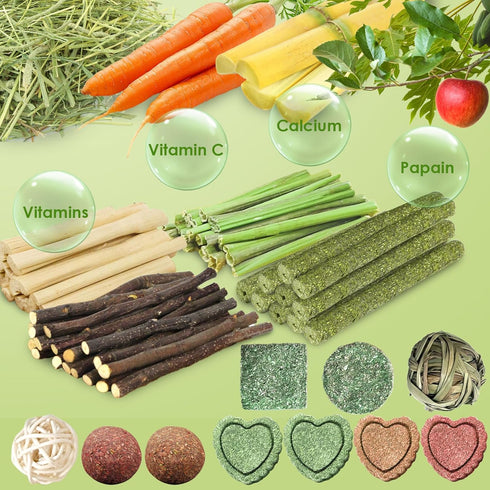 Chinchilla (60PCS) Chew Treat Rabbit Toys for Teeth Health, Natural Bunny Enrichment Toys for Boredom & Stress Relief