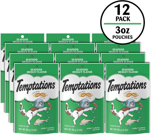 3 oz. (Pack 12) Temptations Cat Treats, Classic Crunchy and Soft Cat Treats, Seafood Medley Flavor, Pouch