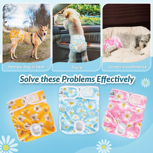 3 Pack SlowTon Washable Dog Diapers Female - No Leak Reusable Doggie Puppy Diaper with Adjustable Buttons, Comfortable