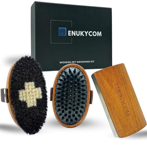 Wooden Pet Grooming Kit for Short-Haired & Double-Coated Dogs Cats Horses- Includes