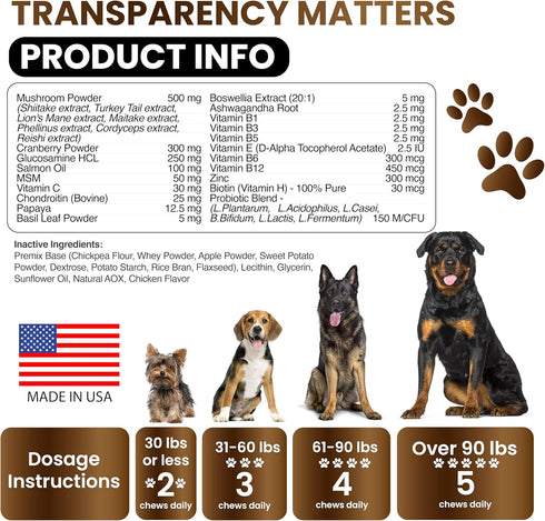 170 Immune Turkey Tail Mushroom Supplement for Dogs - Chews - Mushrooms for Dogs - Reishi, Lions Mane, Glucosamine