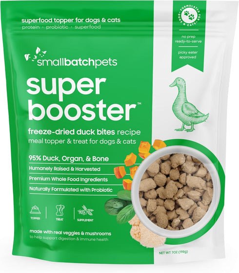 smallbatch Freeze Dried Dog Treats, Superfood Topper Duck Bites for Dogs & Cats, Probiotics, Organic Ingredients, 7 oz