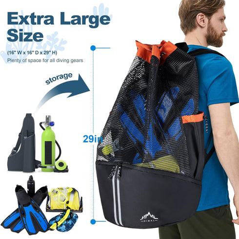 XL Mesh Backpack for Scuba Diving, Snorkeling Gear & Equipment, Holds Mask, Fins, Snorkel