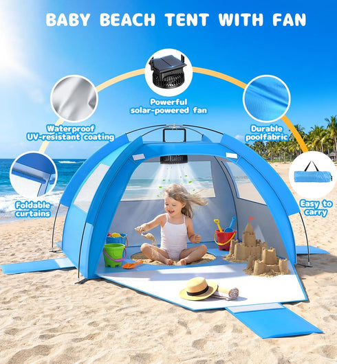 Dsquu Baby Beach Tent Solar Cooling Fan, Anti-UV Toddler Beach Tent Sun Shelter Portable Travel Fan Beach Shade Tent