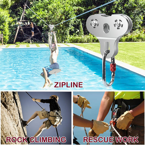 Zipline Pulley with Carabiner and Handle | 304 Stainless Steel Tandem Speed Double Pulley for 1/4 5/16 3/8 Cable