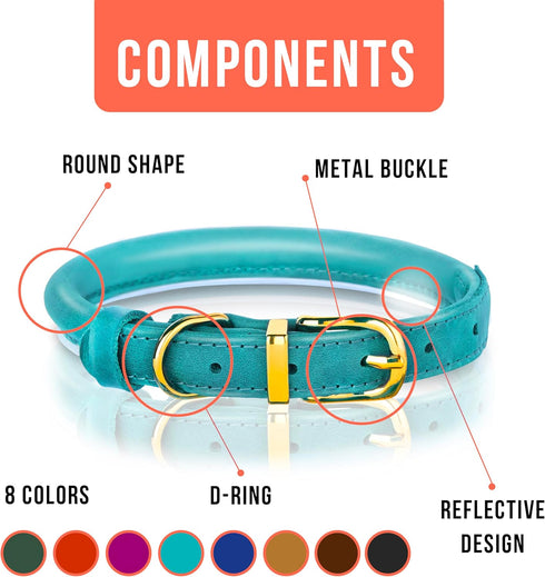 OOPSDOGGY Reflective Rolled Leather Dog Collar for Medium Dogs - Adjustable Soft Padded Collar (M, 12"-15", Teal)