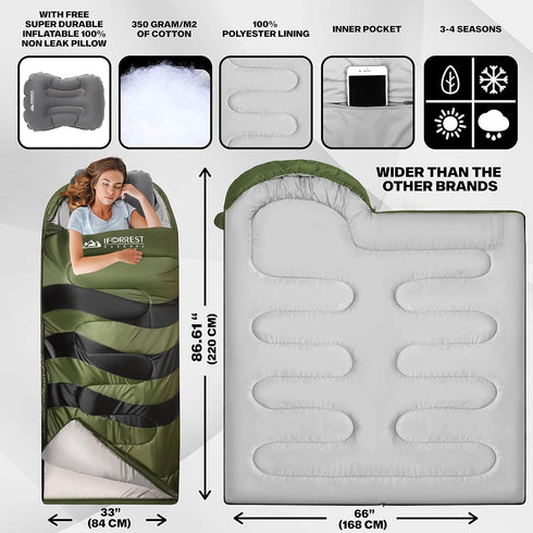 Sleeping Bag for Adults and Teens, Cold Weather Thickened Camping Bed, Extra-Wide 33In, Queen Size XL