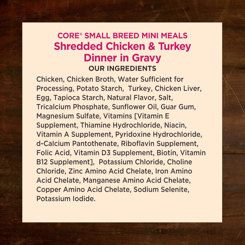 Wellness CORE Natural Grain Free Mini Meals Wet Dog Food, Shredded Chicken & Turkey Dinner in Gravy, 3-Ounce Pouch