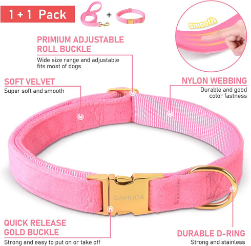 GAMUDA Velvet Dog Collar and Leash - Super Soft Heavy Duty Gold Buckle, Adjustable Easy to Clean (XL, Pink)