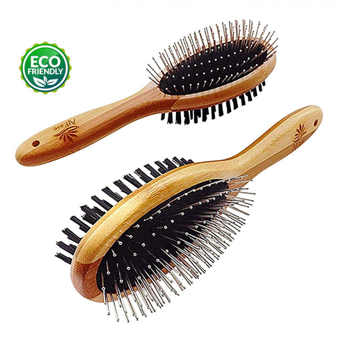 Double Sided Dog Brush for Long or Short Haired Dogs, Eco-Friendly Bamboo Grooming Tool for Deshedding