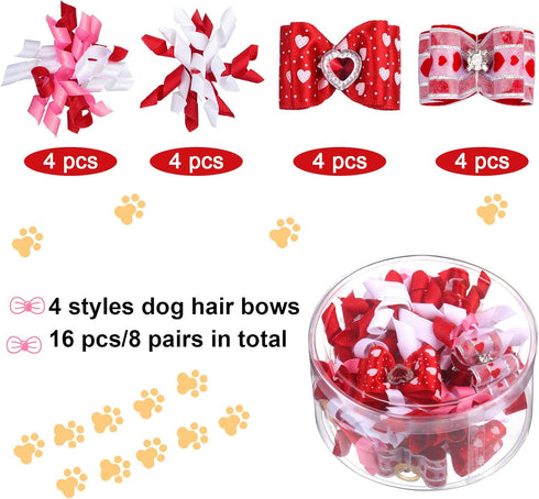 Chuangdi 16 Pieces Valentine's Day Dog Hair Bows, Mixed Styles Pet Accessories with Rubber Bands