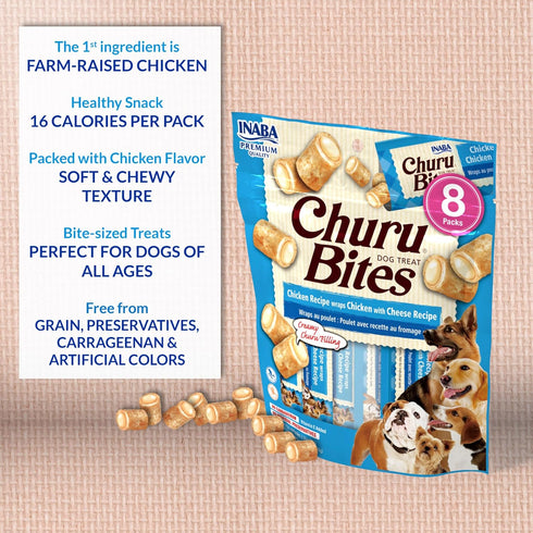 0.42 48 (8 Pack), INABA Churu Bites for Dogs, Grain-Free, Soft/Chewy Baked Chicken Wrapped Churu Filled Dog Treats