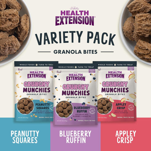 (5oz Health Extension Crunchy Munchies Granola Bites Blueberry Ruffin Flavor, Natural Limited Ingredient Dog Treats