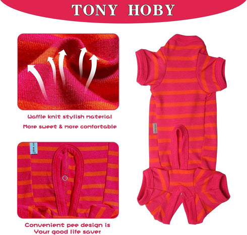 TONY HOBY Dog Pajamas, Female/Male Jumpsuit with Stripes for Comfortable Sleep, Rose Red & Orange, XS