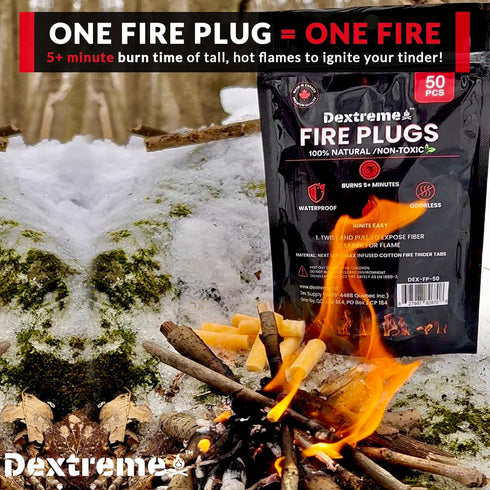 Waterproof Fire Plugs (50) Fire Starter for Campfires, Emergencies, Survival, Fire Pits, Grills | 5+ Minute Burn | All