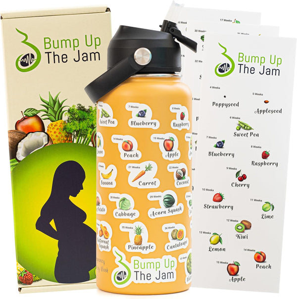 Bump Up The Jam Pregnancy Water Bottle Tracker - 32 Ounce Stainless Steel - Includes Weekly