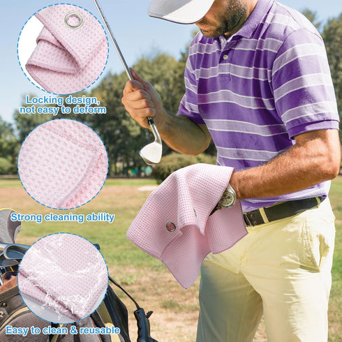 PAGOW Golf Cleaning Kit, Microfiber Towels, Club Groove Cleaner Brush, Foldable Divot Tool, Pink