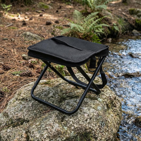 Folding Camping Stool - Portable Pocket Chair Converts to Satchel with External Grid Storage | Perfect for Camping