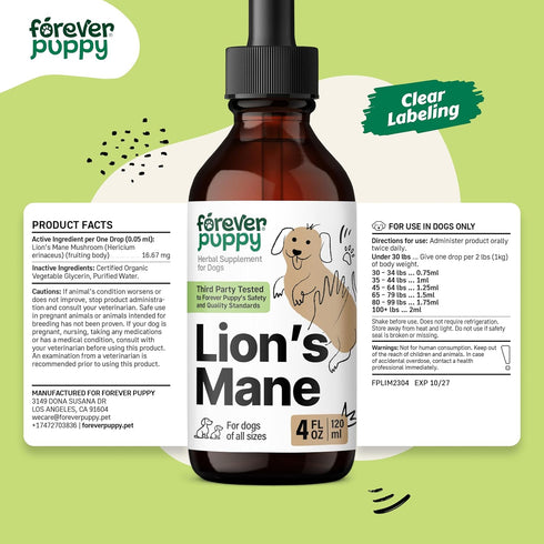 Lion's Mane Mushroom Supplement for Dogs, Liquid Drops for Brain Health, Vegan Vitamins for Focus - 4 oz