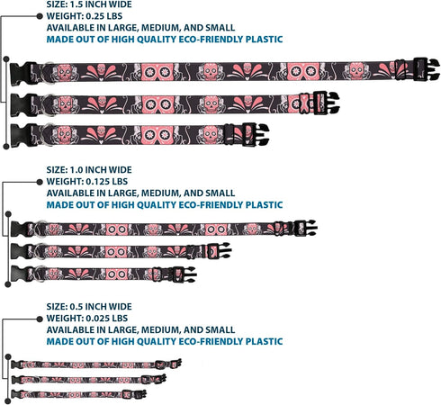 Buckle-Down Plastic Clip Collar - Sugar Skulls Gray/Pink, 1" Wide, Fits 11-17" Neck, Medium