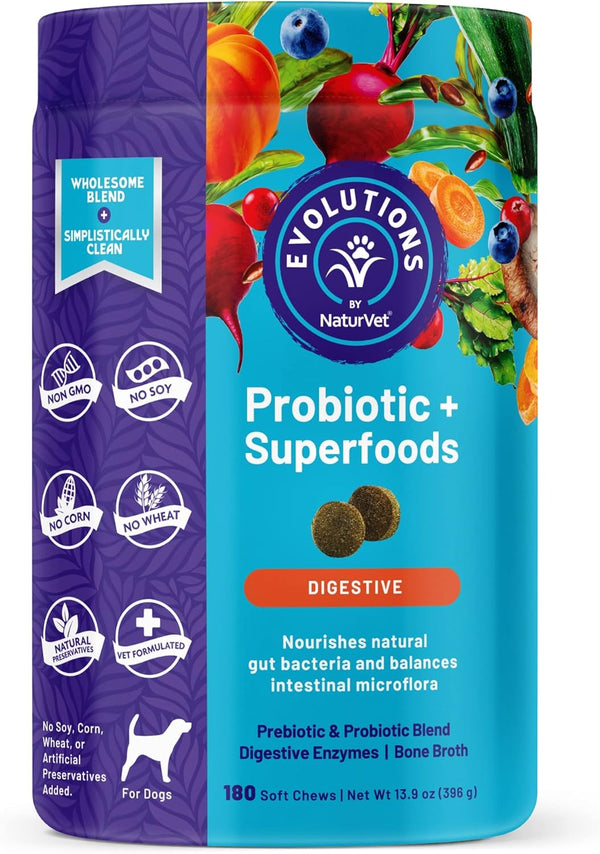 NaturVet Evolutions Probiotic & Superfoods Soft Chews for Dogs, 180ct - Digestive Enzymes, Bone Broth, Omega's