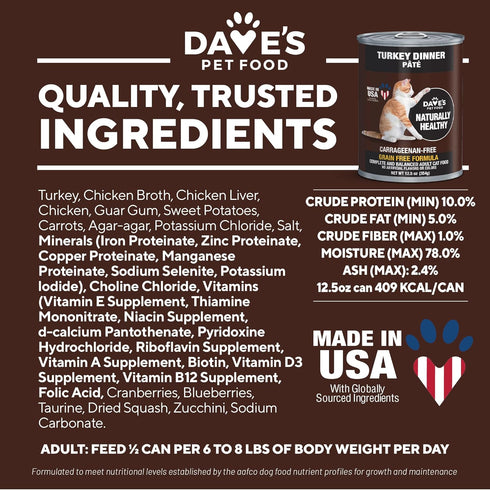 Dave's Pet Food Grain Free Wet Cat Food, Turkey, 12.5 oz Cans, Case of 12, Made in USA with Added Vitamins