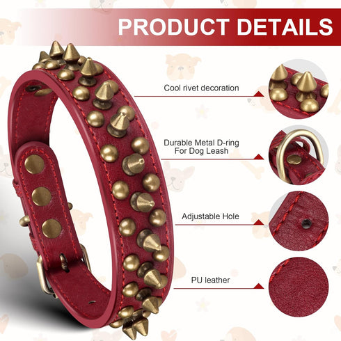 Spiked Leather Dog Collar with Bullet Rivets, Soft Adjustable Collar for Small Medium Large Dogs, Red, L.