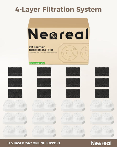 74oz/2.2L (12 Pack) Neareal Official Cat Fountain Replacement Filters & Pre-Filter Sponges for Stainless Steel Pet