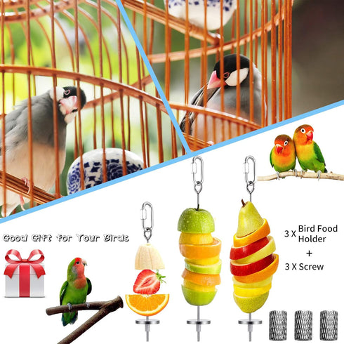 3Pcs Bird Food Holder, Bird Feeder Toy, Stainless Steel Small Animal Fruit Vegetable Stick Skewer, Foraging Hanging