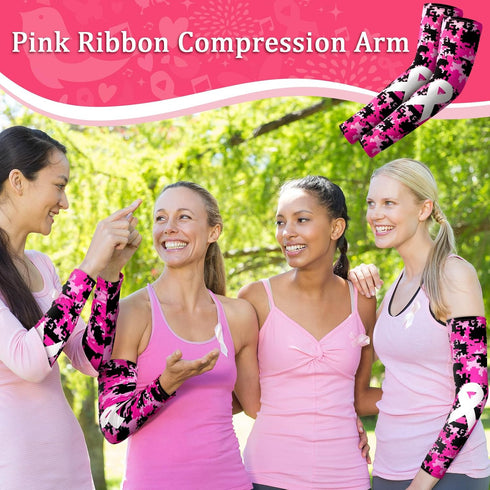 Leumoi 20 Pairs Breast Cancer Arm Sleeves - Pink Ribbon Compression UV Sleeves