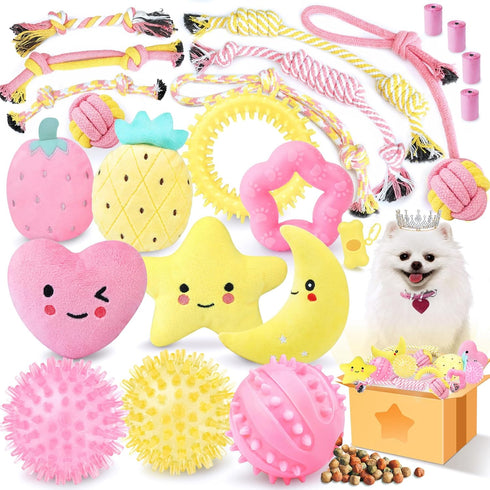 Pink Puppy Toys for Teething, 23 Pack of Interactive Chew Toys for Puppies, Cute Small Dog Toys
