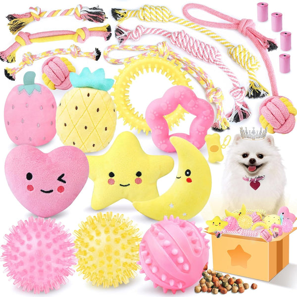 Pink Puppy Toys for Teething, 23 Pack of Interactive Chew Toys for Puppies, Cute Small Dog Toys