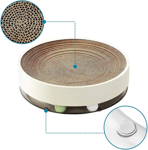 Qualunicc 3-in-1 2 Cat Scratcher Toy with Track Ball, Round Cardboard Cat Scratcher Lounge & Bed, Interactive Cat Toy