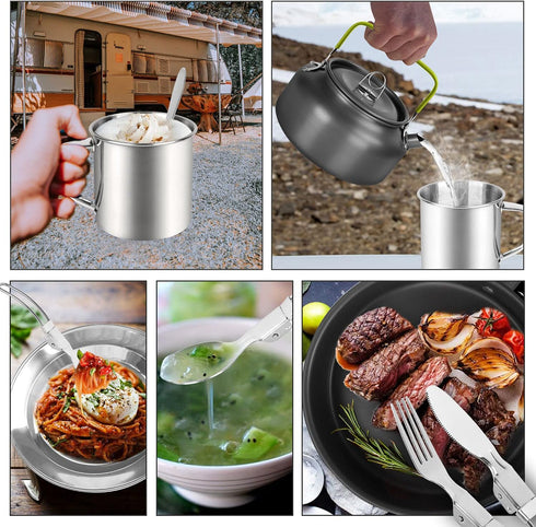 Odoland 16pcs Camping Cookware Mess Kit, Lightweight Pot Pan Mini Stove with 2 Cups, Fork Spoon for Outdoor Camping