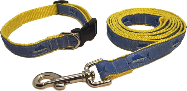 Preston Sailfish Dog Collar and Leash Set, Light Blue Ribbon on Yellow, Adjustable Nylon Webbing, Small Size