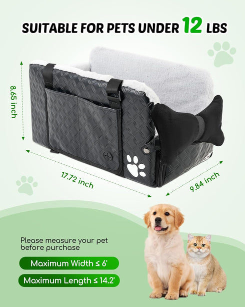 12lbs Center Console Dog Car Seat for Small Dogs, Soft Plush Car Bag for Dogs, Leather Portable Pet Cars Booster Seats