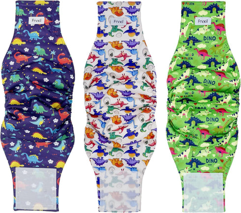 3 Pack Count, 3) Washable Male Dog Diapers: Reusable Belly Bands for Puppy - Absorbent Doggy Wraps (Dinosaur, Small