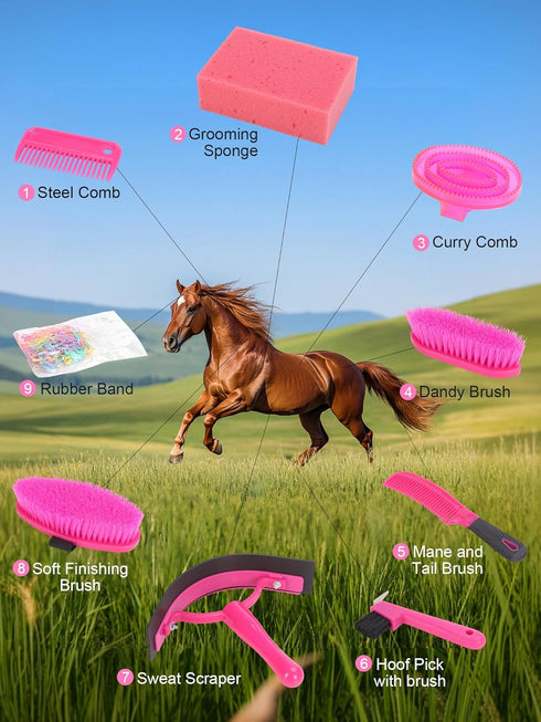 10 Horse Grooming Kit, Pink Storage Bag with Piece Professional Equestrian Care Tools, Brushes, Combs, Scraper