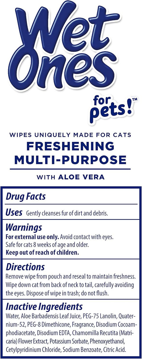 Wet Ones for Pets Freshening Wipes for Cats, Aloe Vera Fresh Scent, Easy to Use Cat Cleaning Wipes, 50 Count