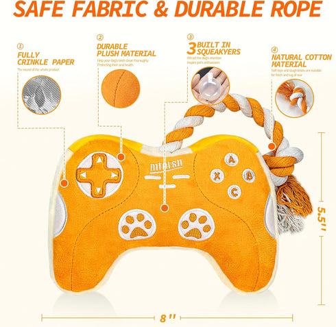 Interactive Plush Dog Toy: Squeaky Dog Toys with Crinkle Paper, Gaming Controller Shape, Rope Toys for Puppy, Small,