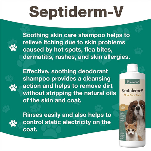 NaturVet Septiderm-V Skin Care Bath Wash for Dogs & Cats – Pet Shampoo, Grooming Aid for Itching & Hot Spots – 16 Oz.