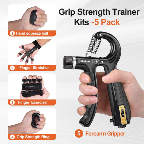 Grip Strength Trainer Kit (5 Pack) | Adjustable Resistance Hand Gripper and Forearm Workout Ring