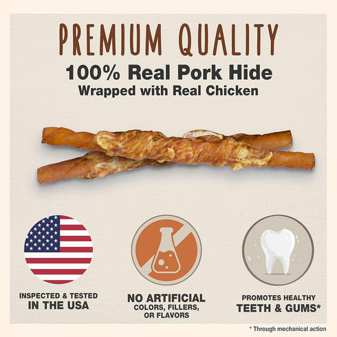Cadet Gourmet Beef Hide Twist Chew Sticks, Long Lasting & Natural Chew Treats for Dogs, Inspected & Tested in USA, Chicken Flavor (22 Count)