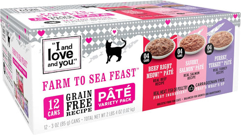 I and love and you Wet Cat Food, Farm to Sea Feast Pâté Variety Pack, Beef, Salmon, Turkey, 5.5oz Pack of 12 Cans