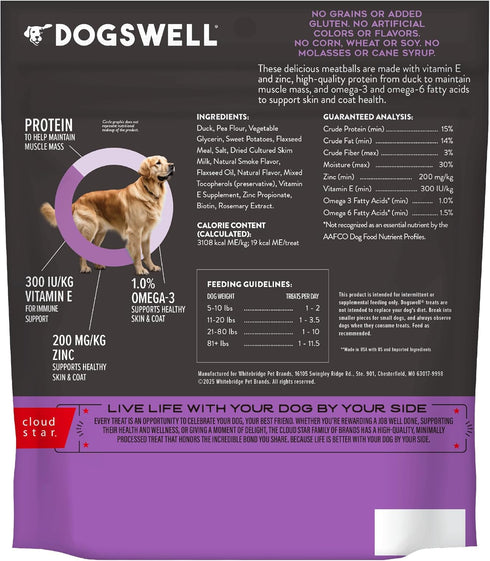 14 oz. Dogswell Skin & Coat Duck Recipe Meatballs Dog Treats