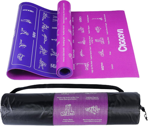 Upgrade Instructional Yoga Mat with 75 Poses Printed, 6mm Travel Mat with Bag, Purple & Blue